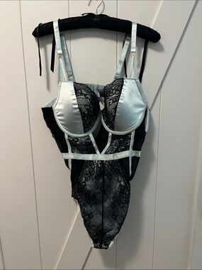 French Affair Satin & Lace Bodysuit Lingerie - Black and Silver